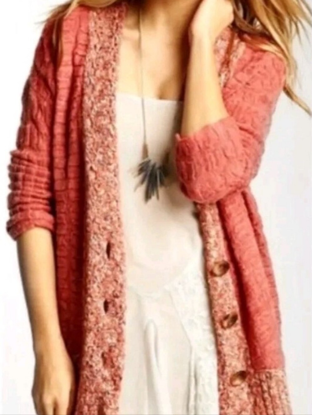 Free People Peachy-PinkTextured Cotton Blend Sweater Cardigan